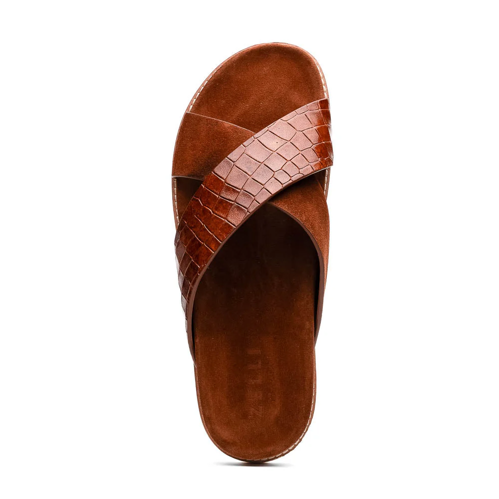 06-101-CGN RENA Italian Goatskin Suede Croc Embossed Slide Cognac - Image 4