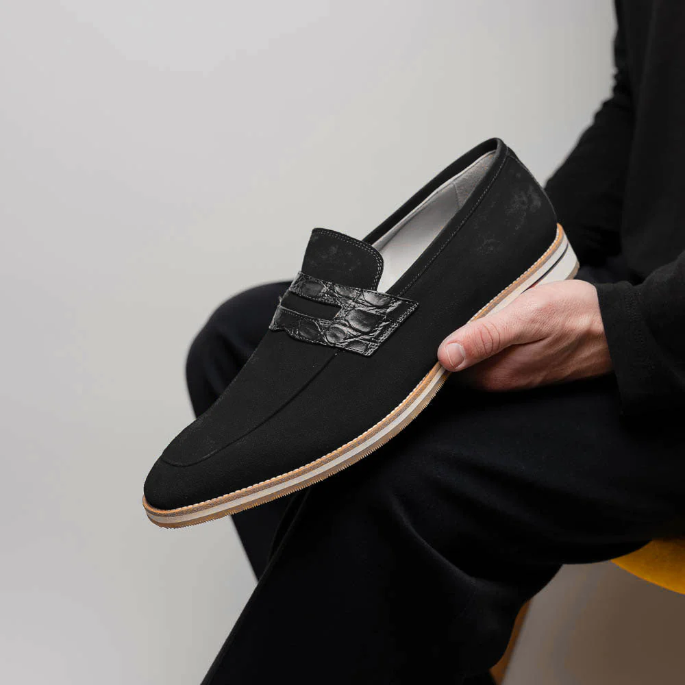11-020-BLK MEO 3 Sueded Goatskin Penny Loafer, Black - Image 10