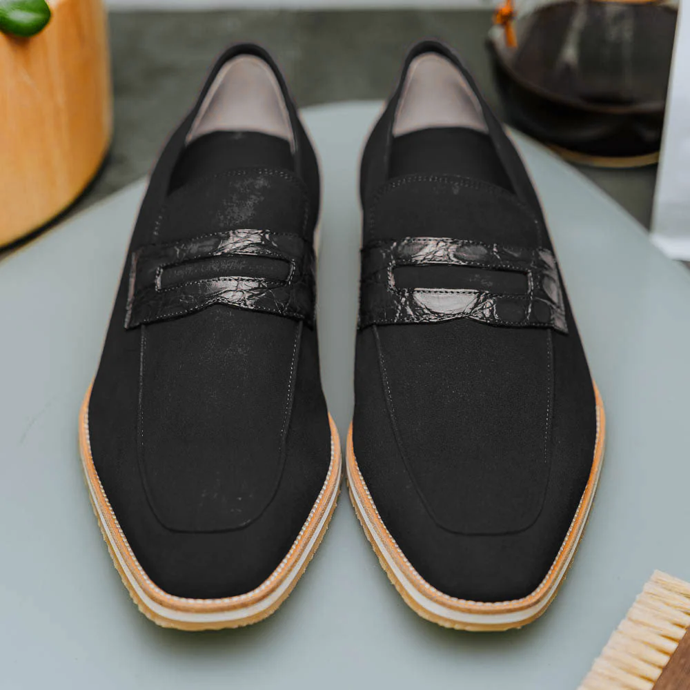 11-020-BLK MEO 3 Sueded Goatskin Penny Loafer, Black - Image 17