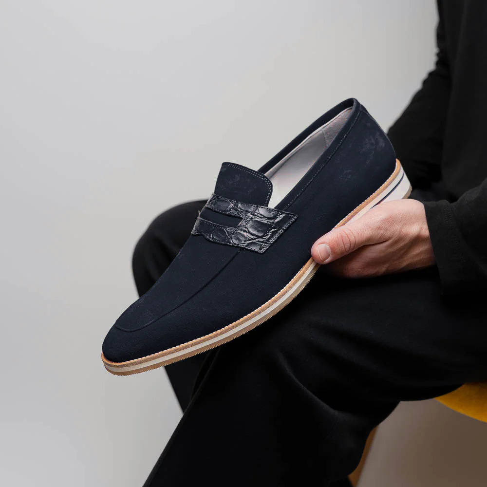 11-020-NVY MEO 3 Sueded Goatskin Penny Loafer, Navy - Image 7