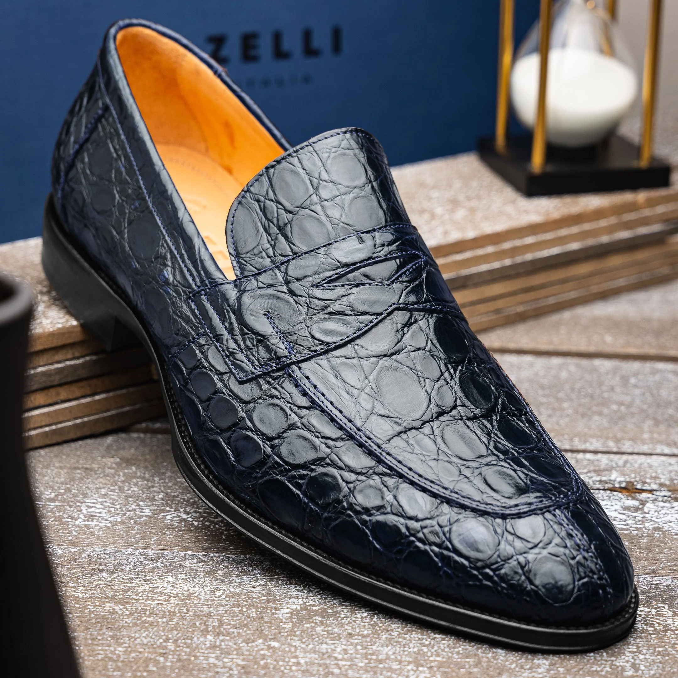 11-201-NVY ROMA Crocodile Penny Loafer, Navy - Image 12