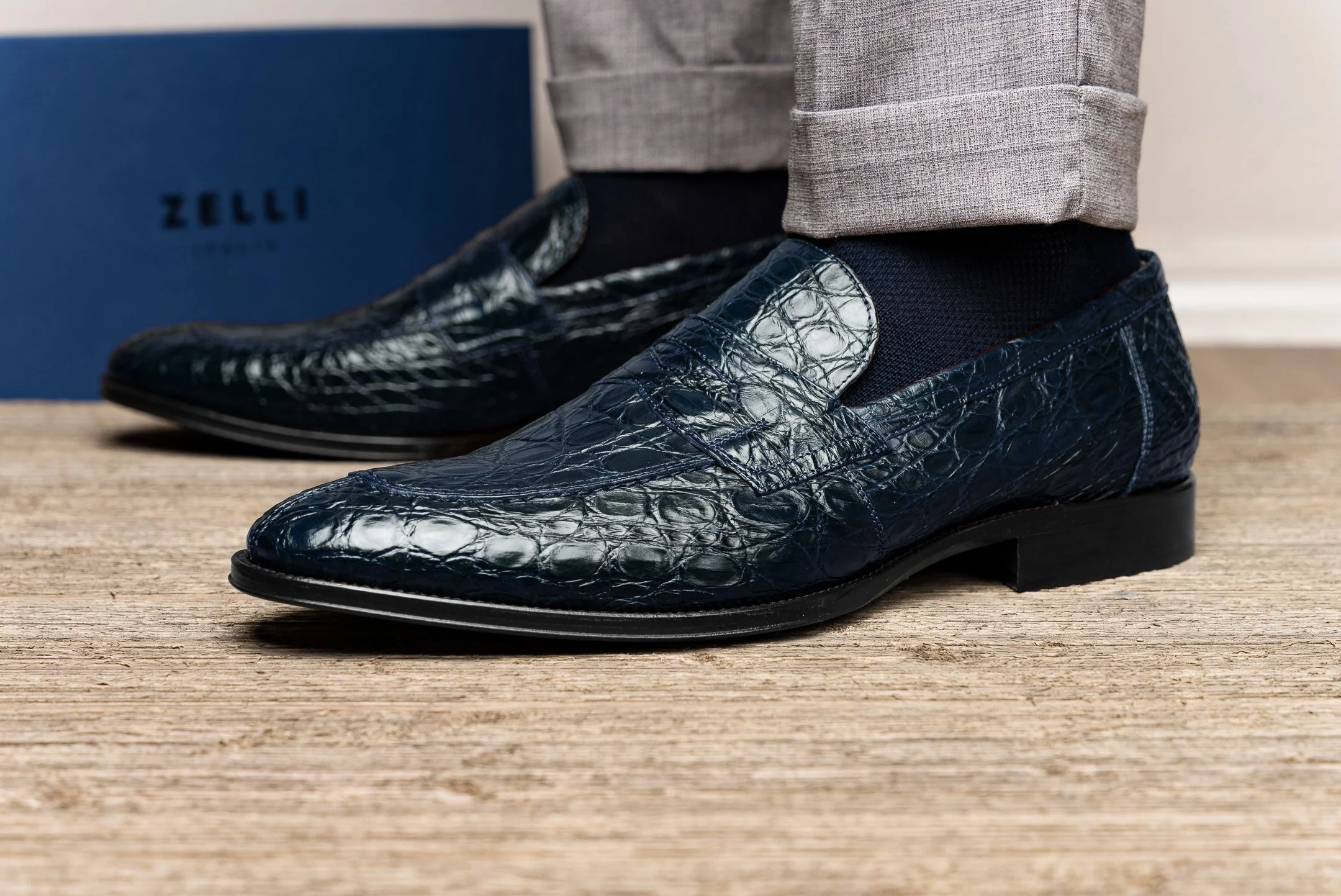 11-201-NVY ROMA Crocodile Penny Loafer, Navy - Image 9