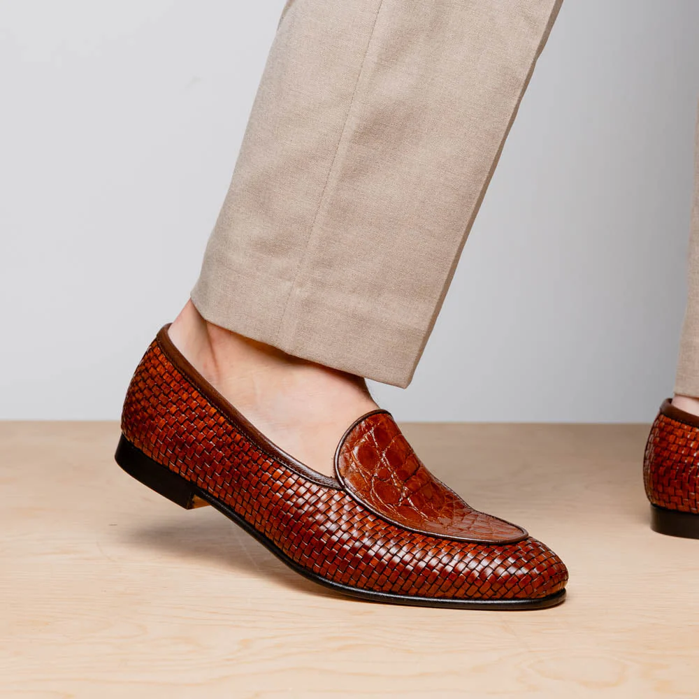 11-620-CGN PALIO Genuine Crocodile and Calfskin Basketweave Slip On, Cognac - Image 7