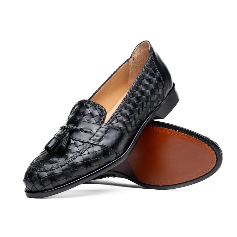 15-250-BLK RIVIERA Basketweave Calfskin Tassel Loafer, Black - Image 2