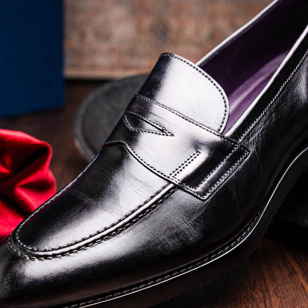 15-400-BLK ROMA Hand Burnished Calfskin Penny Loafer Black - Image 7