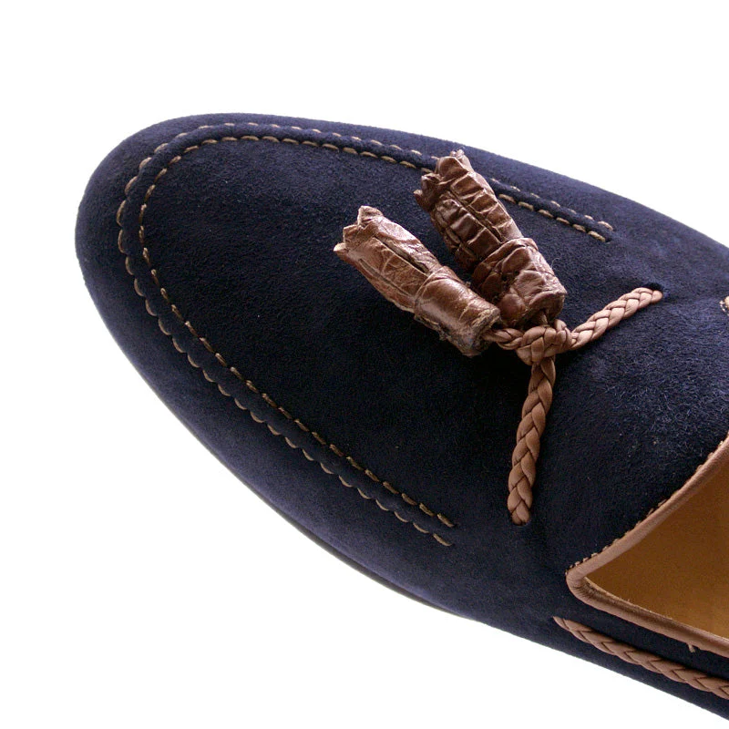 16-584-NVY NAPLES Italian Kid Suede with Embossed Crocodile Tassel Loafer, Navy - Image 7