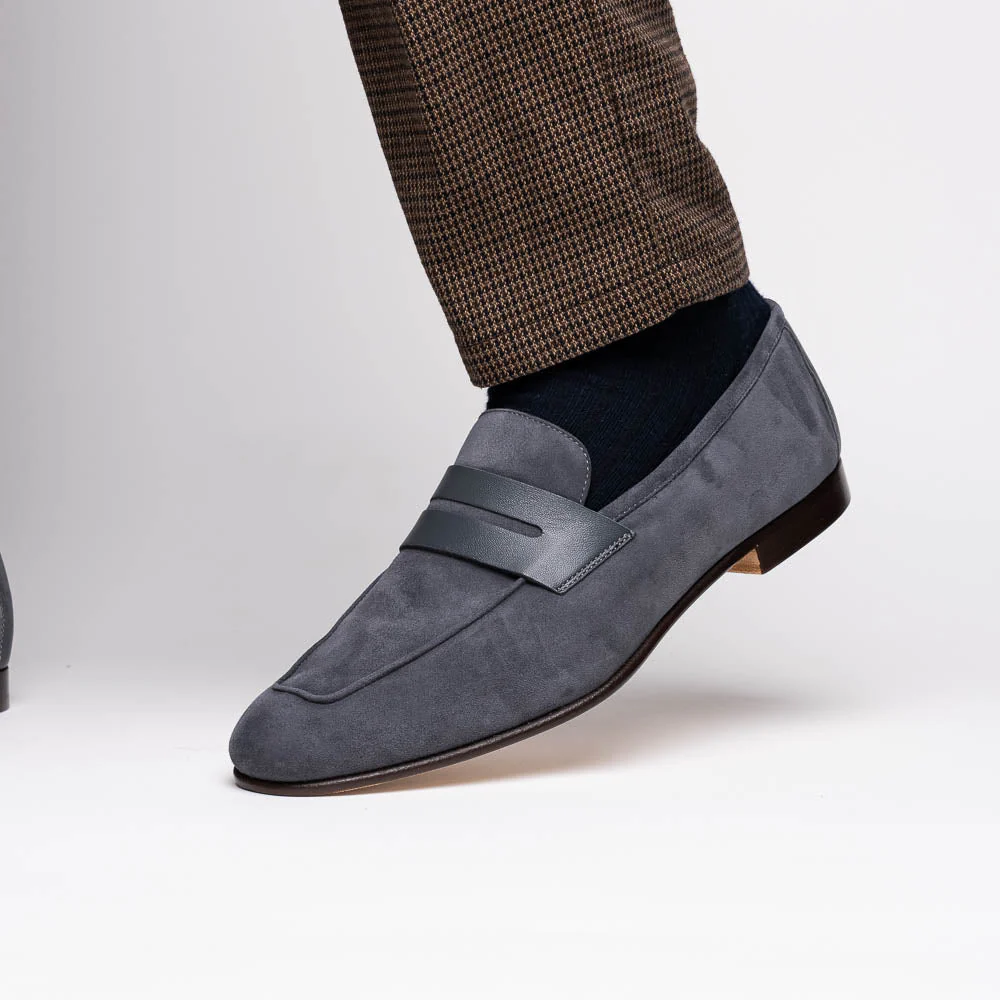 16-672-GRY Tippa Suede & Calfskin Penny Loafers Grey - Image 11