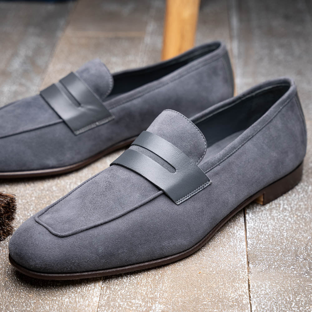 16-672-GRY Tippa Suede & Calfskin Penny Loafers Grey - Image 8