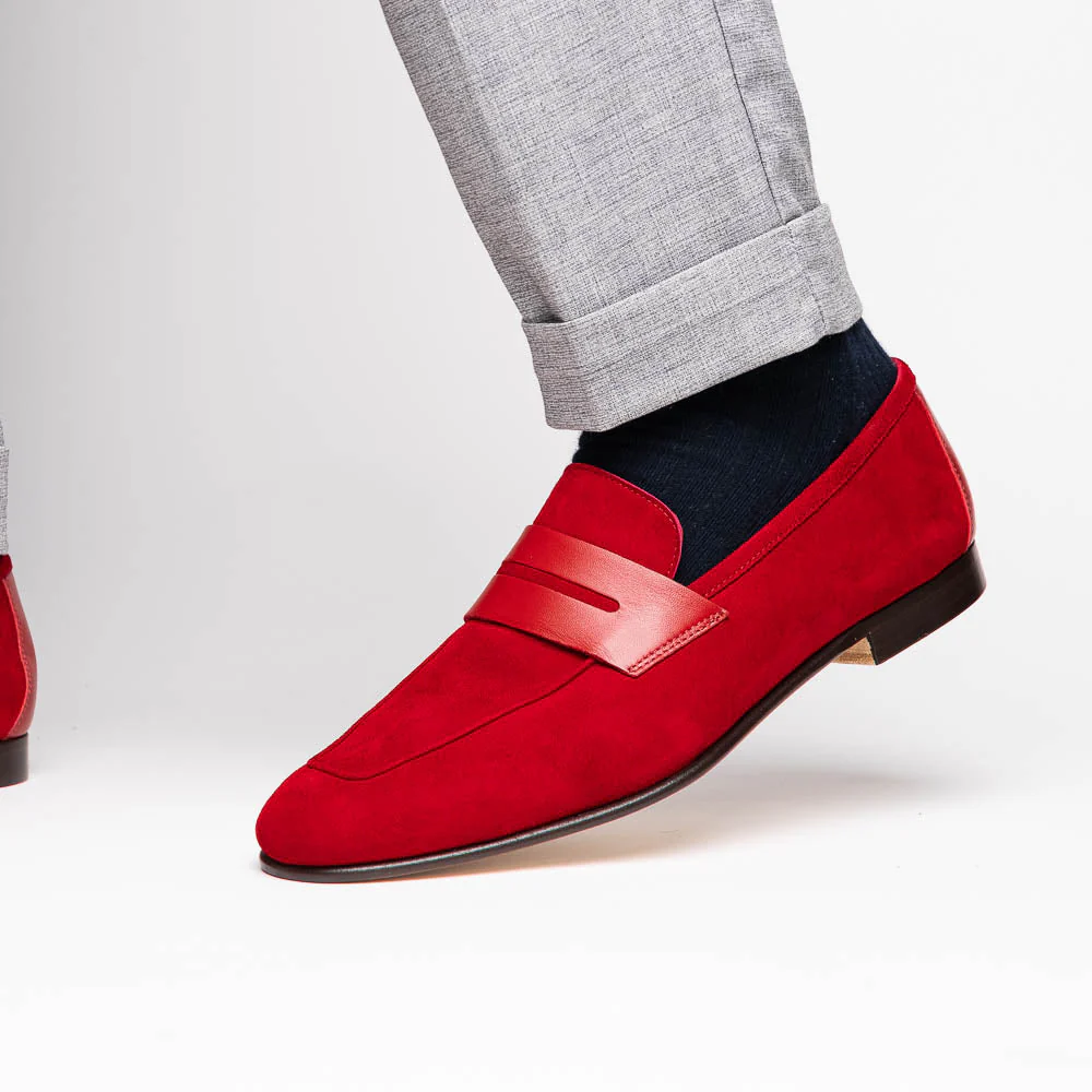 16-672-RED Tippa Suede & Calfskin Penny Loafers Red - Image 11