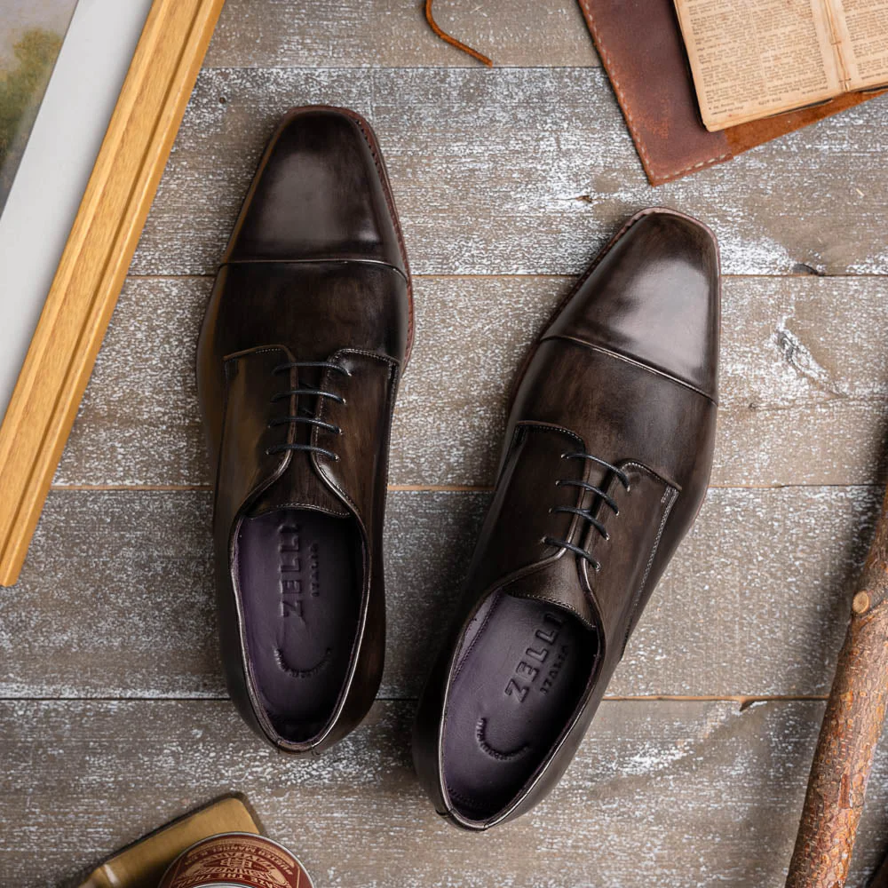 25-550-GRY ENZO Italian Calfskin Cap Toe Burnished Black - Image 9