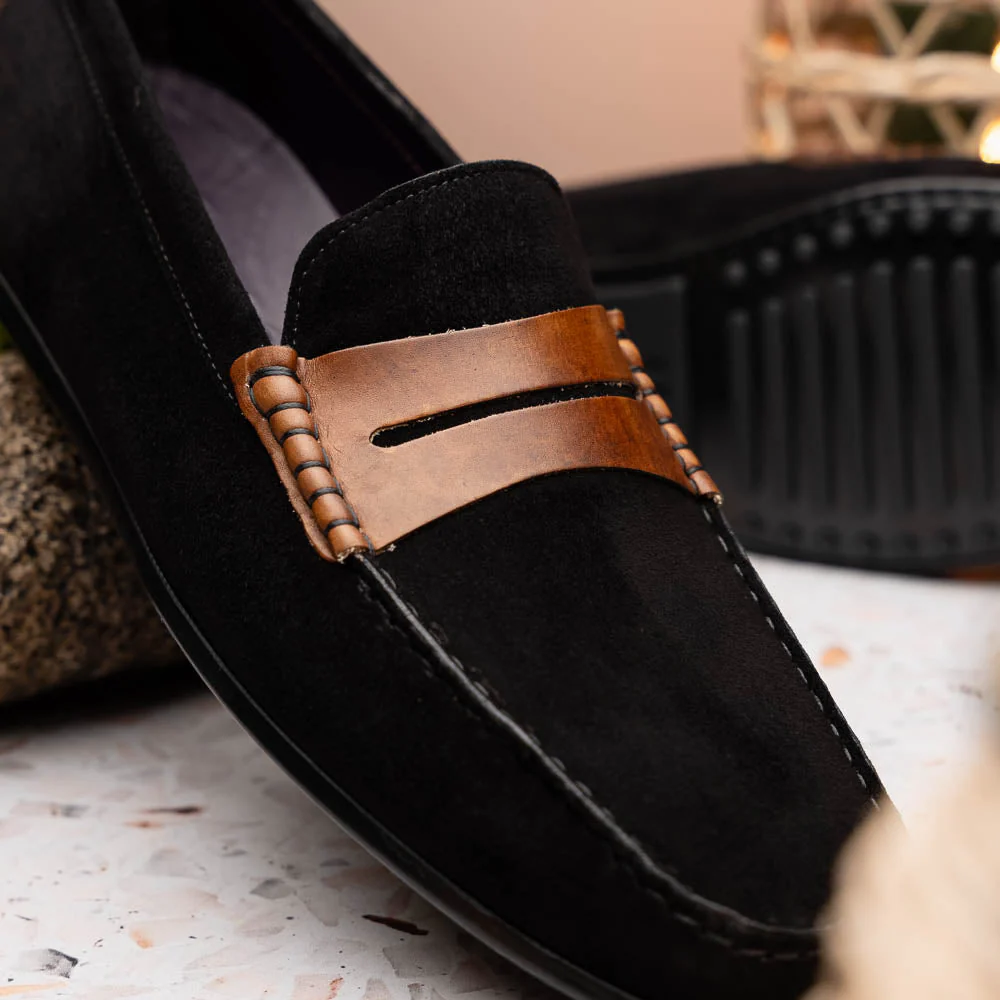 36-300-BLK MONZA Sueded Italian Calfskin Driver Black / Chestnut - Image 9