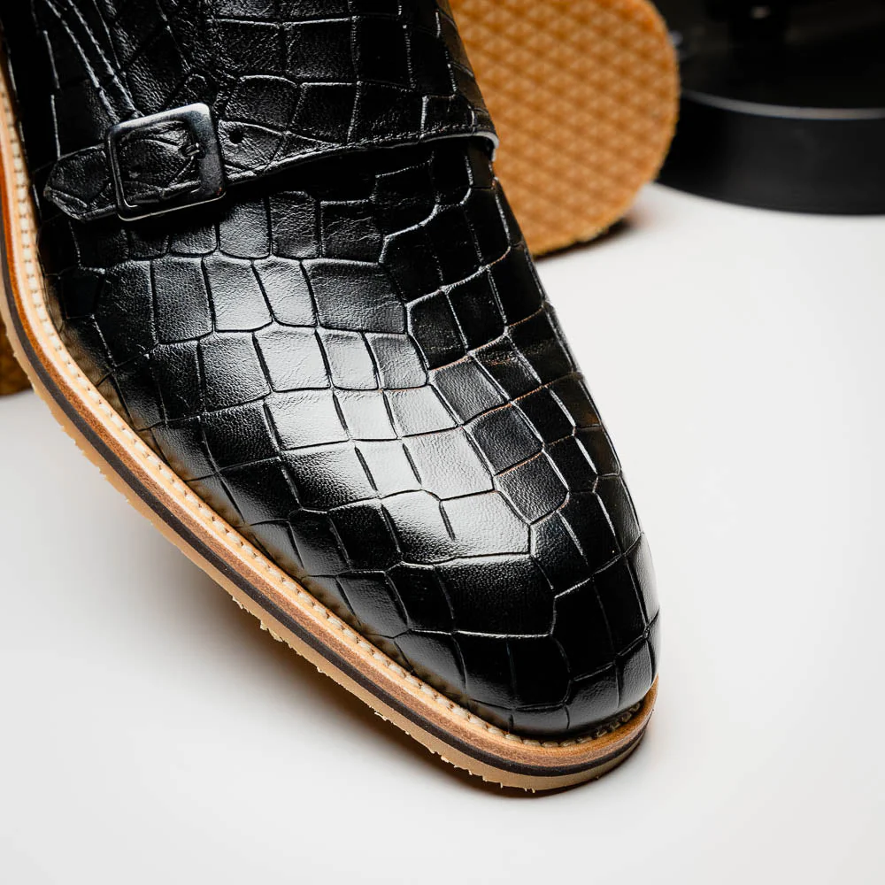 55-112-BLK LEGERRA Hand Burnished Crocodile Print Monkstrap Black - Image 12