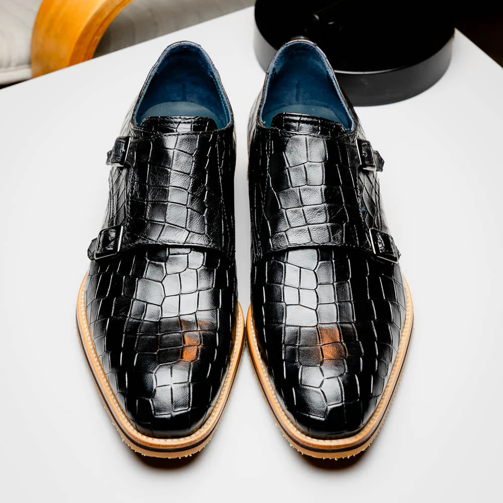 55-112-BLK LEGERRA Hand Burnished Crocodile Print Monkstrap Black - Image 13