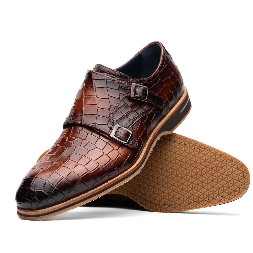 55-112-CGN LEGERRA Hand Burnished Crocodile Print Monkstrap Cognac - Image 2
