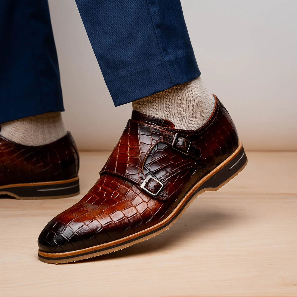 55-112-CGN LEGERRA Hand Burnished Crocodile Print Monkstrap Cognac - Image 8