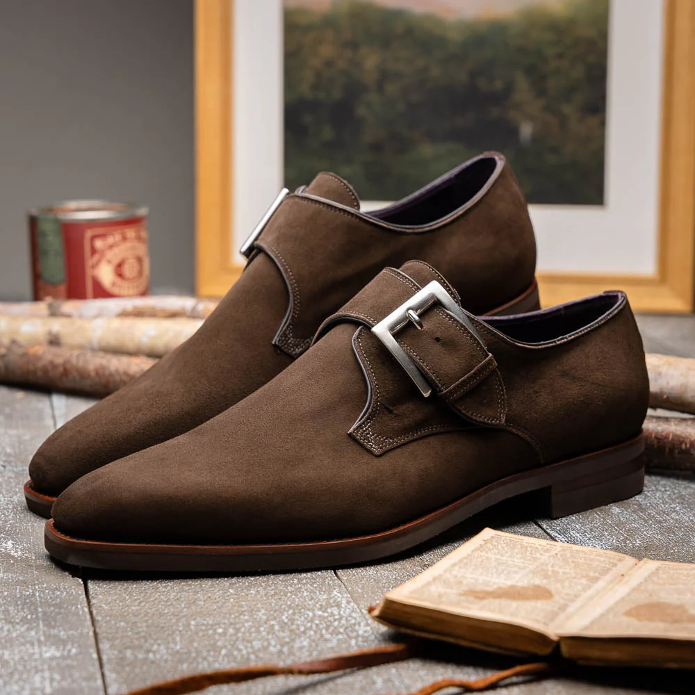 56-110-DBR Hebilla Monk Strap Italian Suede Calfskin Dark Brown - Image 6