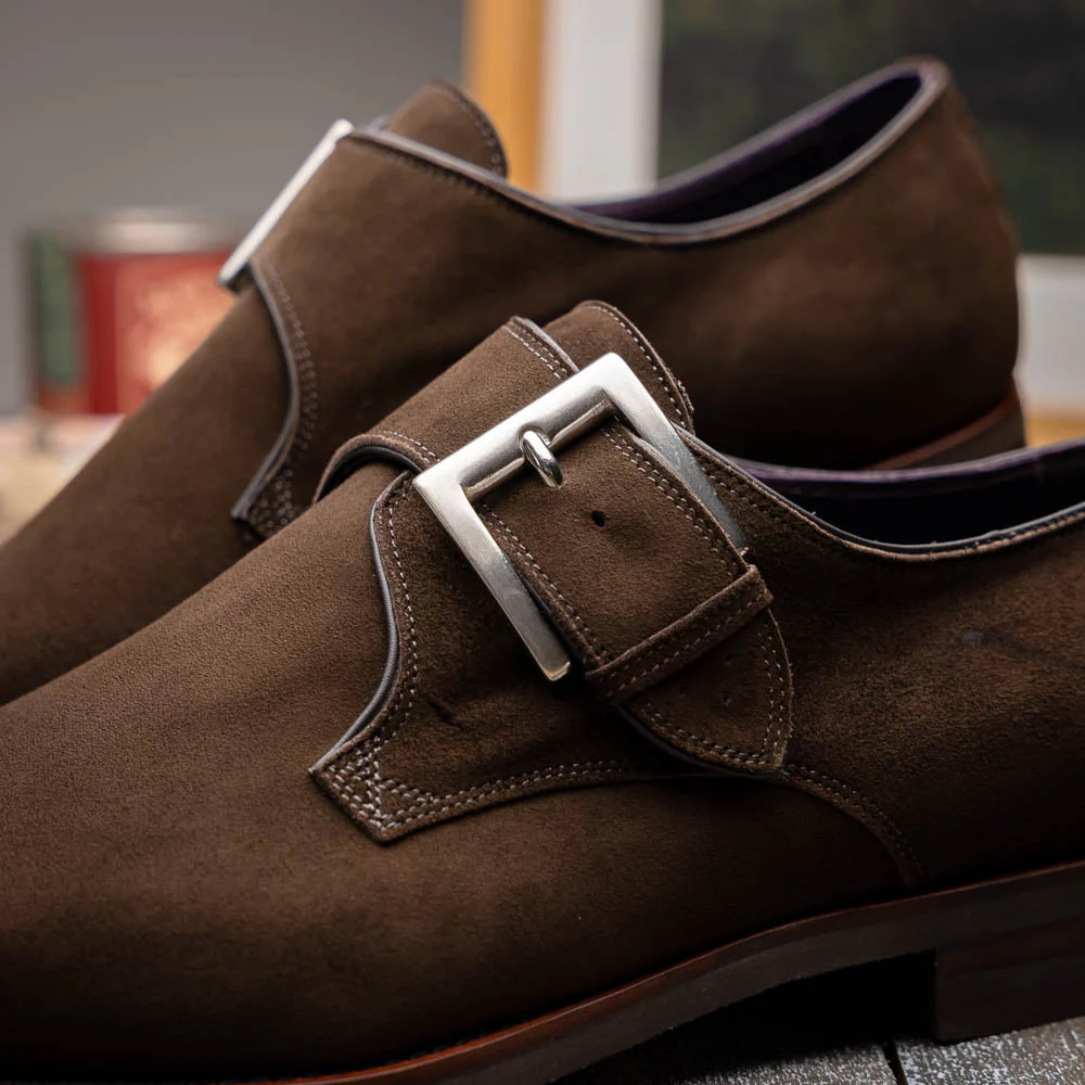 56-110-DBR Hebilla Monk Strap Italian Suede Calfskin Dark Brown - Image 7