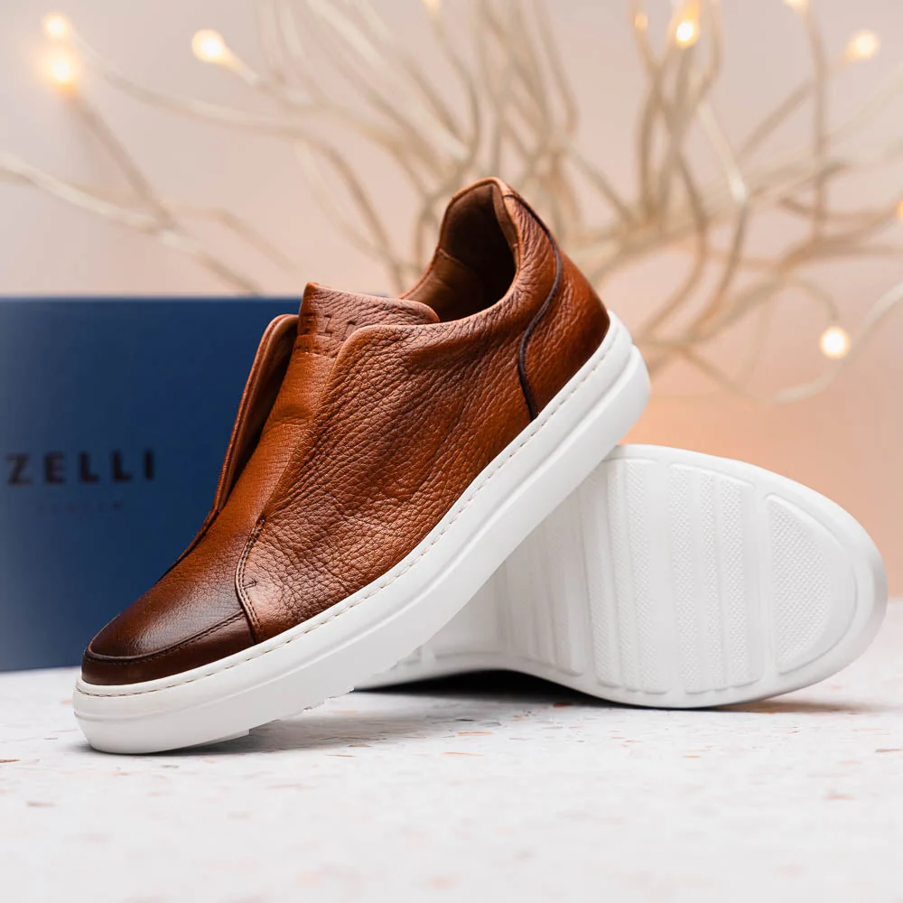 65-225-CGN SPETTACOLARE Italian Pebble Grain Calfskin Sneakers Cognac - Image 10
