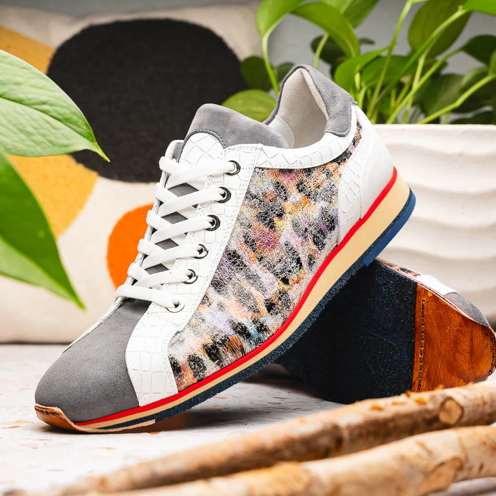 66-250-GRY LEO Sueded Italian Goatskin Sneakers Grey Multi - Image 11