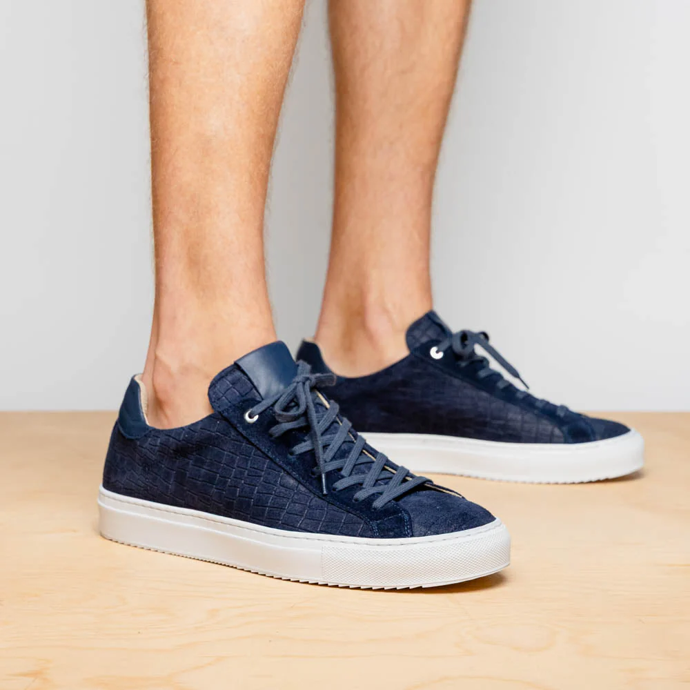 66-266-NVY KOBE Crocodile Embossed Italian Sueded Goatskin Sneakers Navy - Image 6