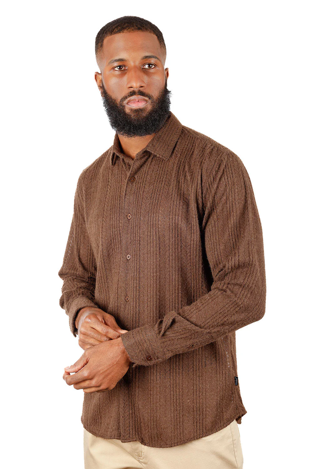 Barabas Brown Cable Knit Button Up Shirt - Image 2