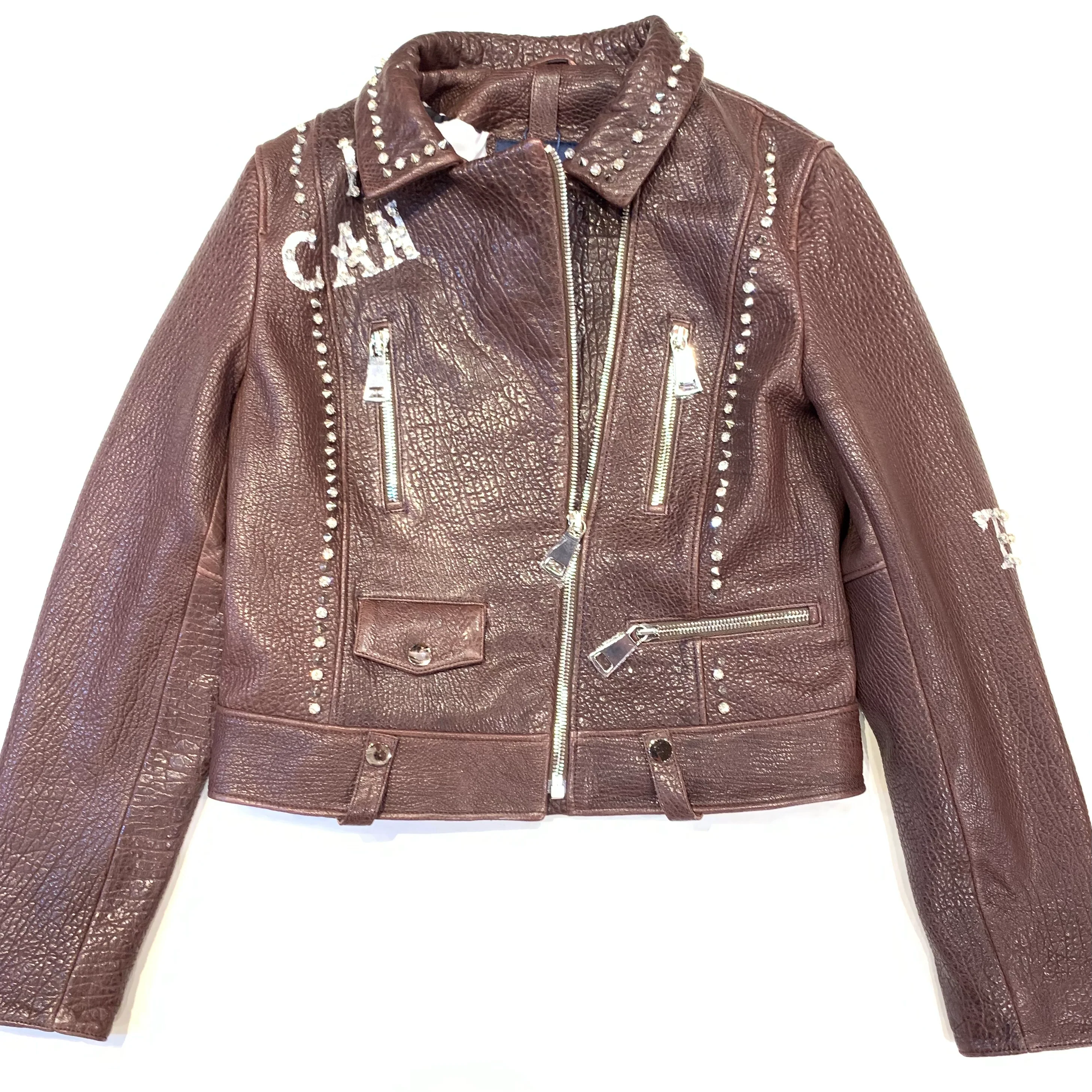 Barya NewYork Ladies Chocolate Spiked Crystal Biker Jacket - Image 3