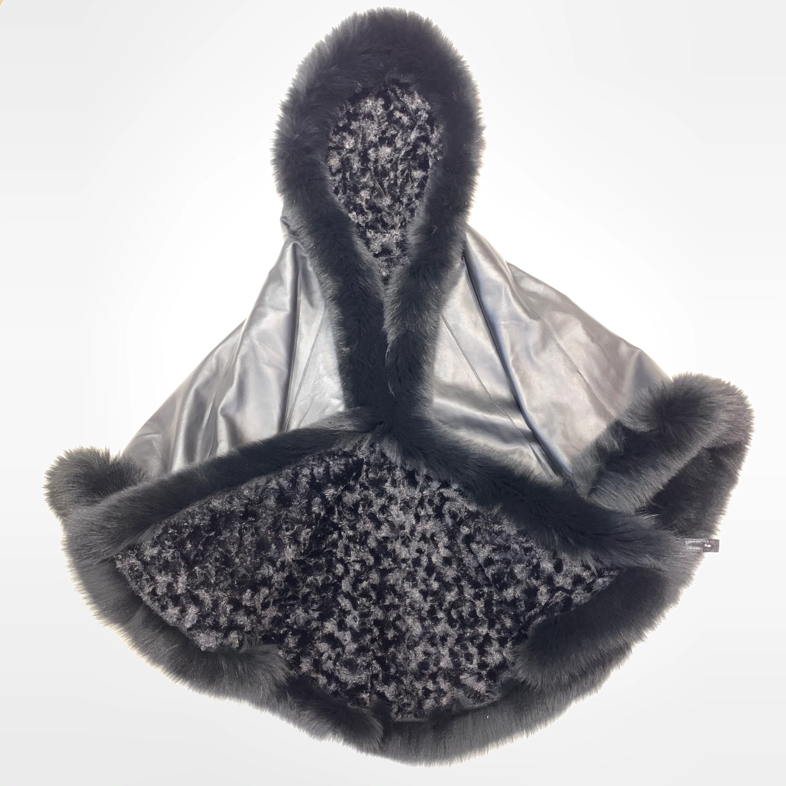 Barya NewYork Black Lambskin Hooded Fox Fur Reversible Poncho - Image 4