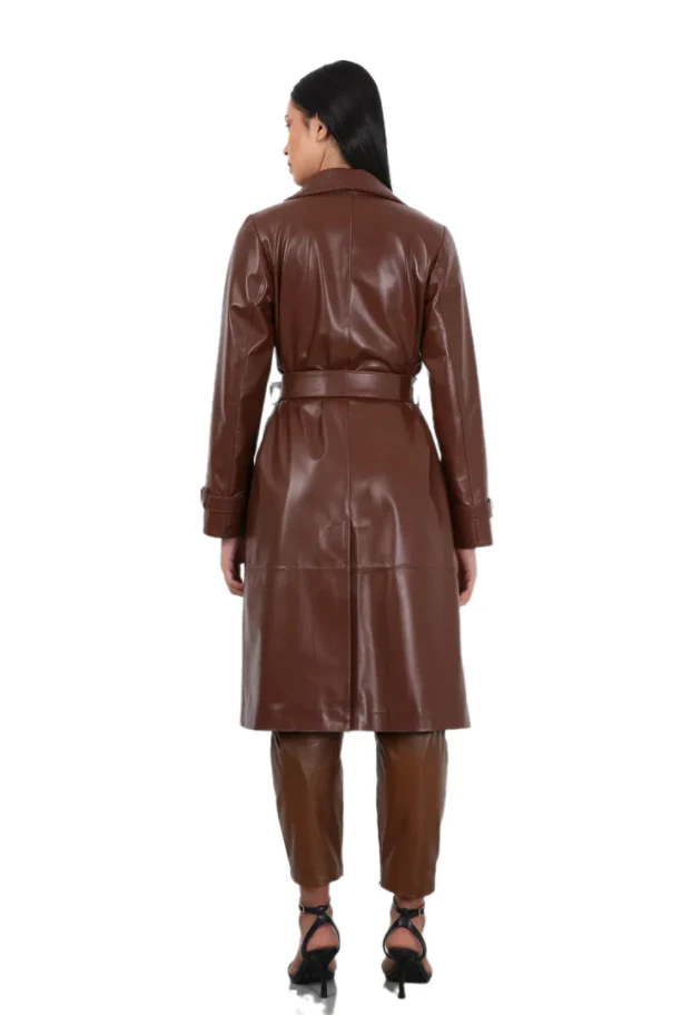 Barya NewYork Ladies Brown Soft Lambskin Double Breasted Belted Trench Coat - Image 3