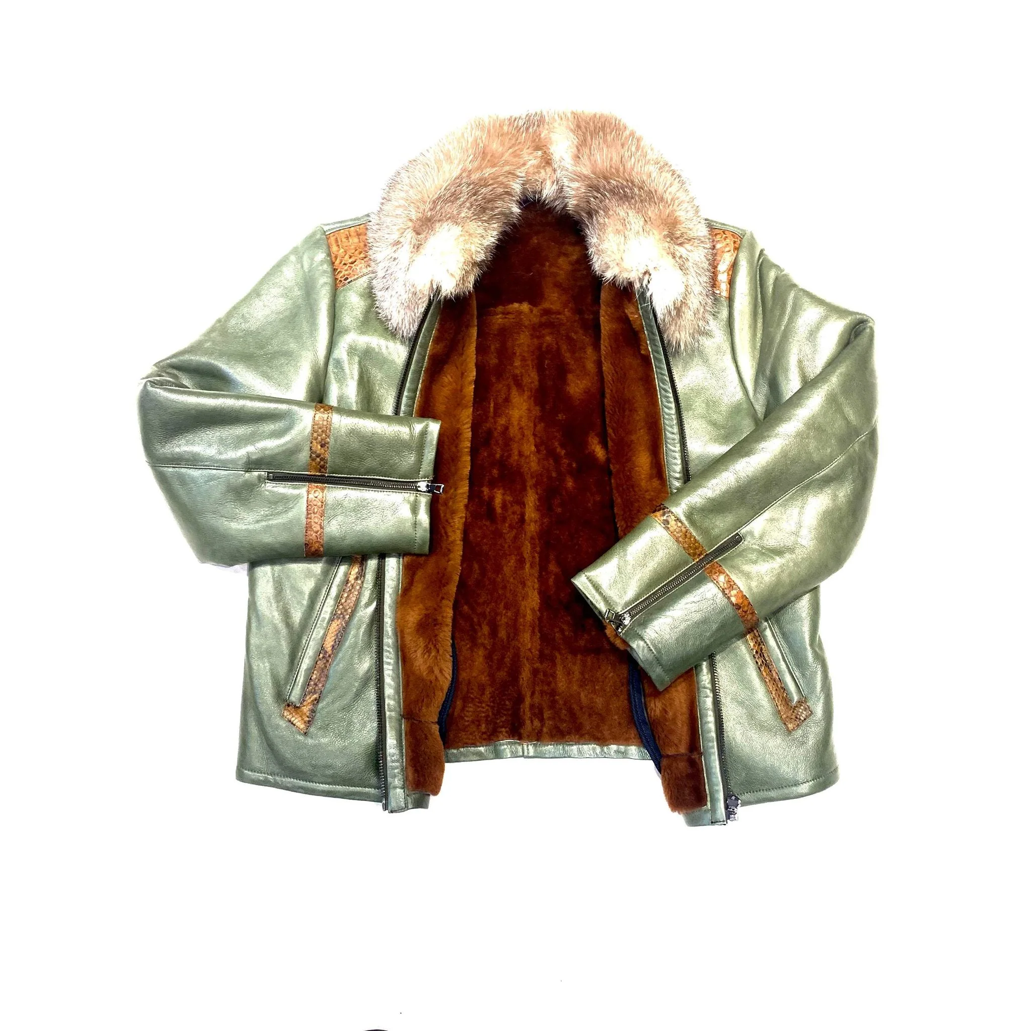 Barya NewYork Olive Cognac Python Fox Shearling Bomber Jacket - Image 3