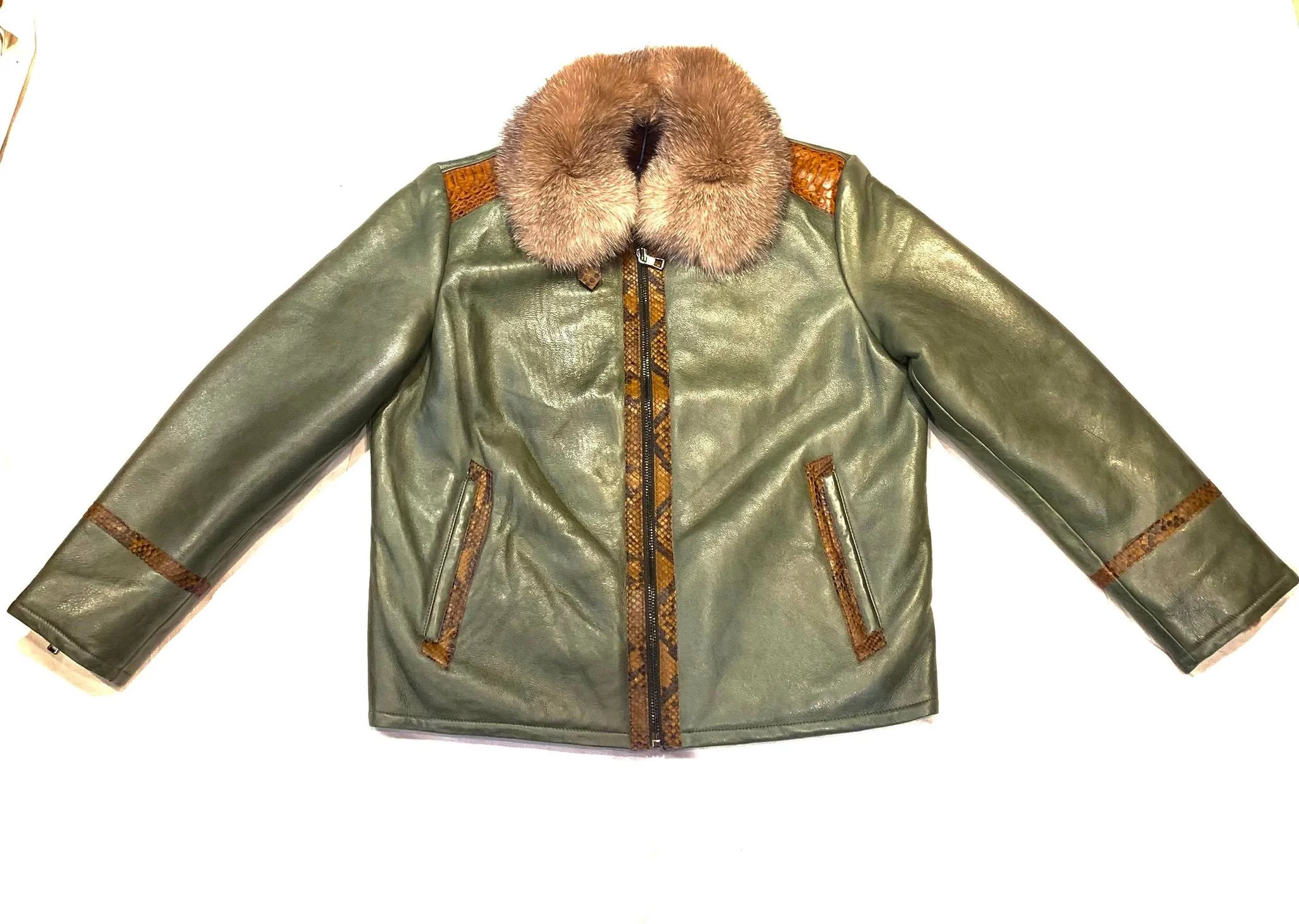 Barya NewYork Olive Cognac Python Fox Shearling Bomber Jacket - Image 4