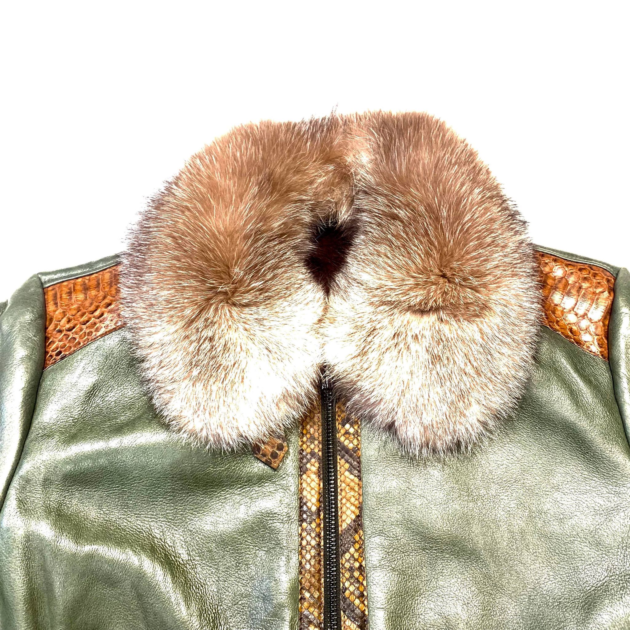 Barya NewYork Olive Cognac Python Fox Shearling Bomber Jacket - Image 6