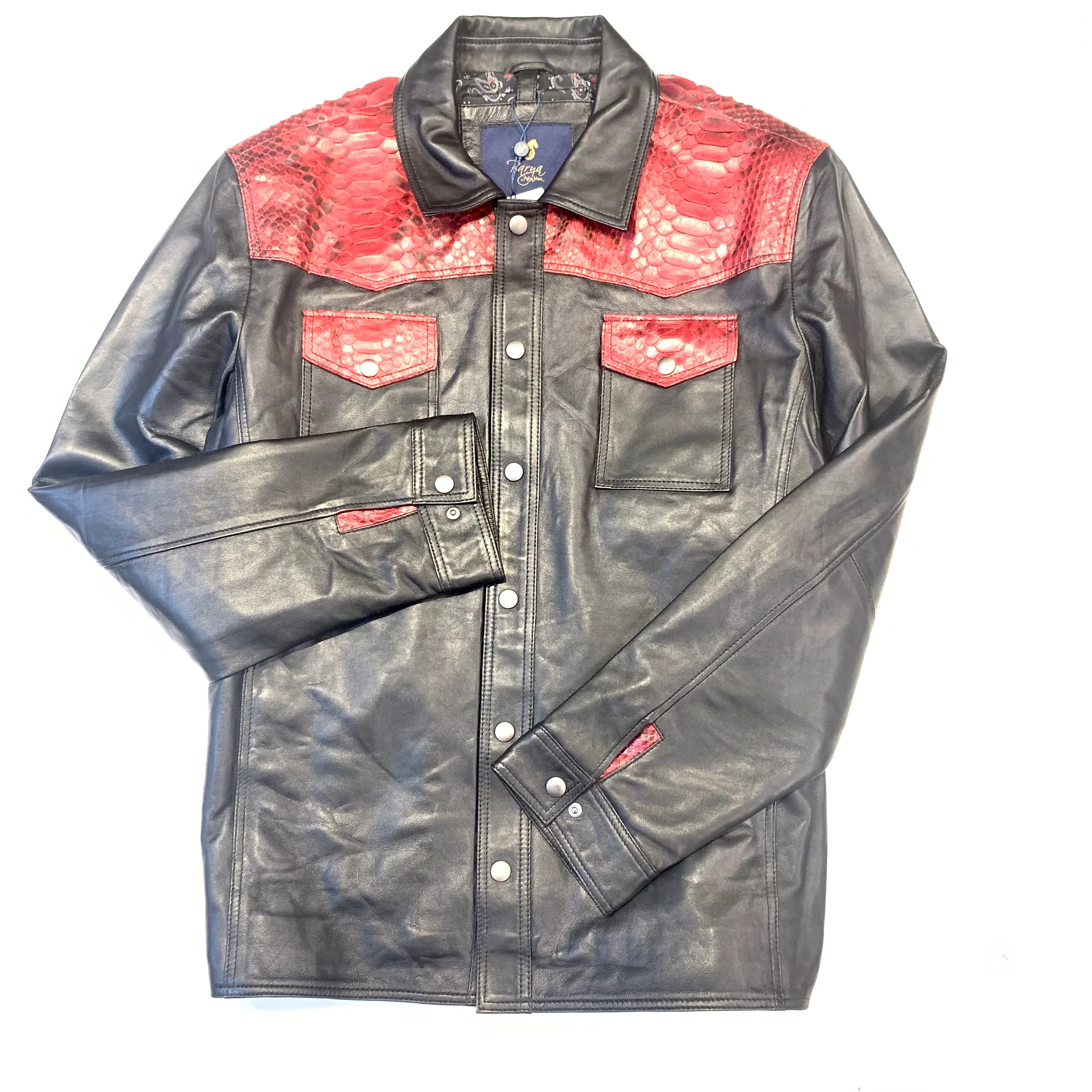 Barya NewYork Red/Black Python Snakeskin Button-Up Shirt - Image 3
