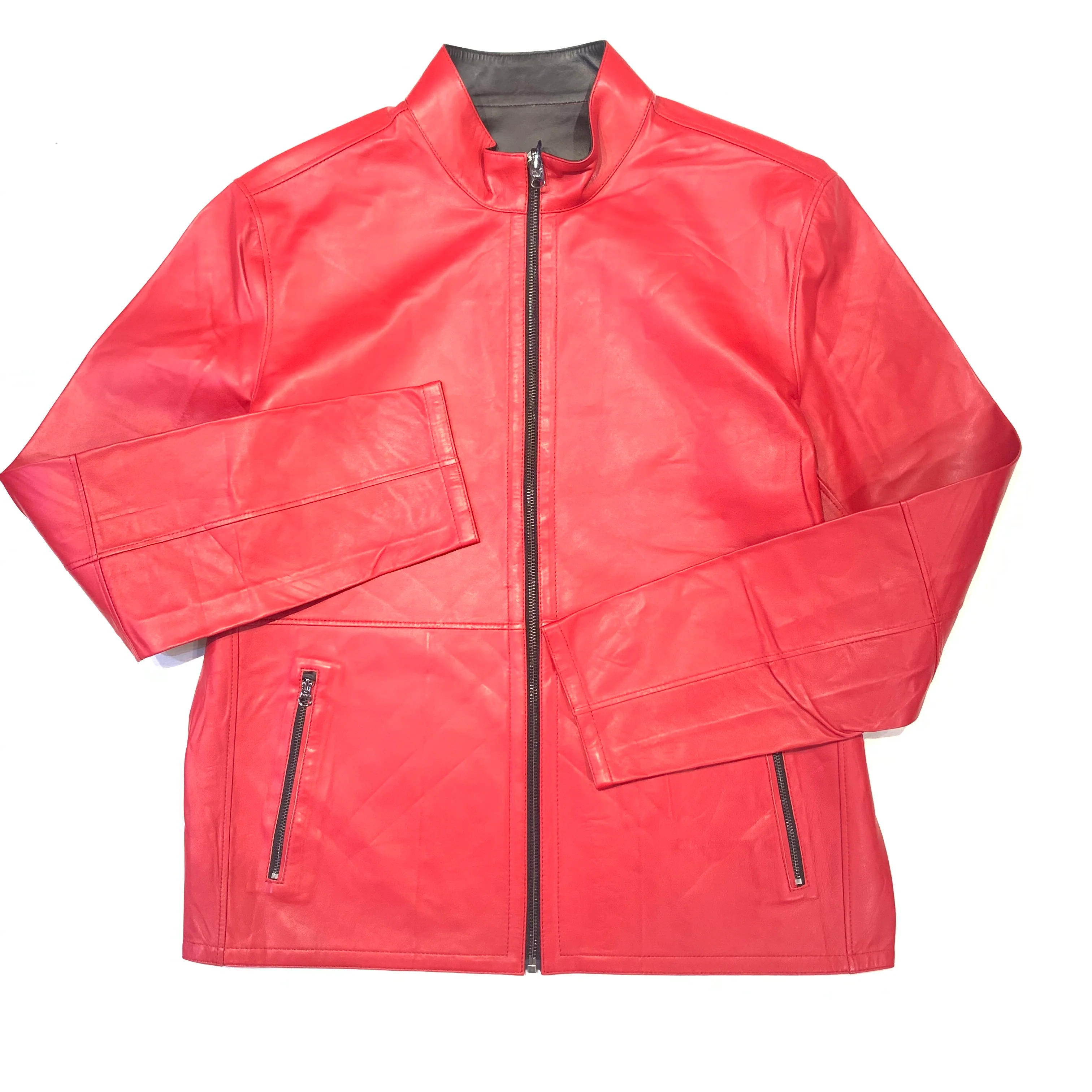 Barya NewYork Red Black Reversible Lambskin Button Shirt - Image 3