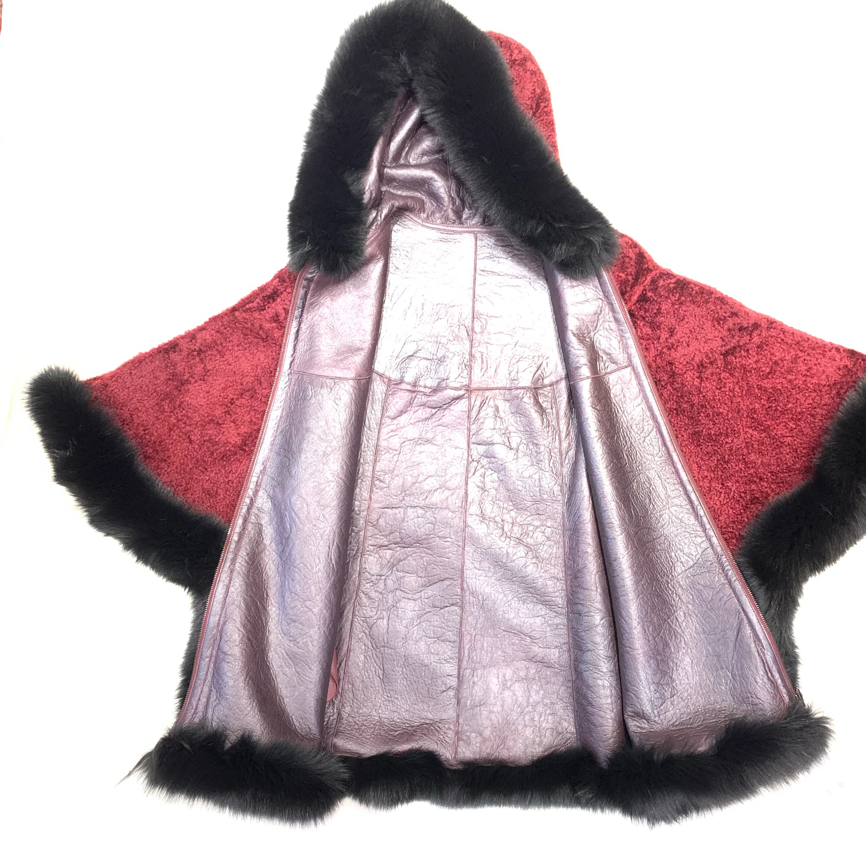 Barya NewYork Wine Wool Hooded Fox Fur Poncho - Image 6