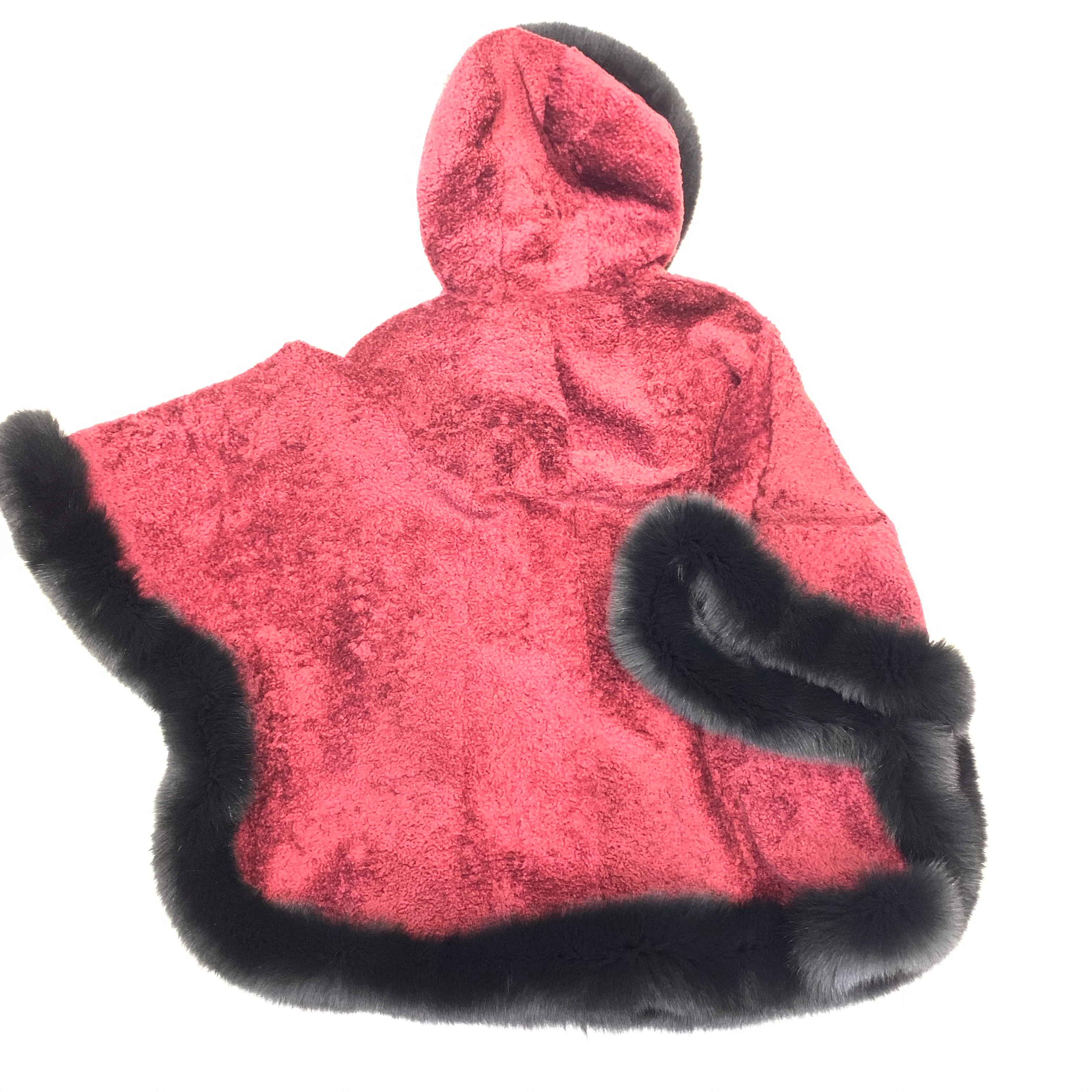 Barya NewYork Wine Wool Hooded Fox Fur Poncho - Image 7