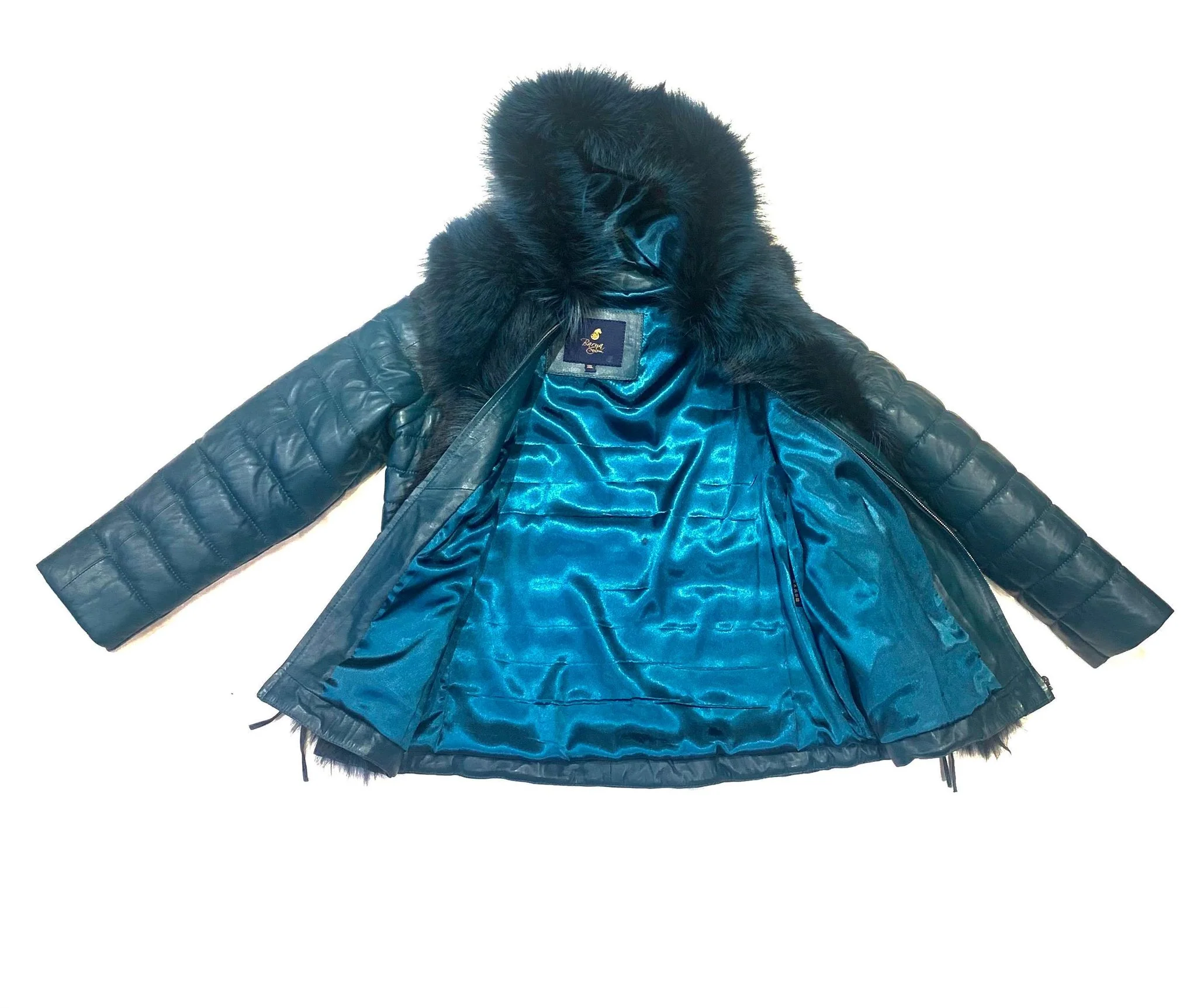 Barya NewYork Women Turquoise Lambskin Fox Fur Coat - Image 5