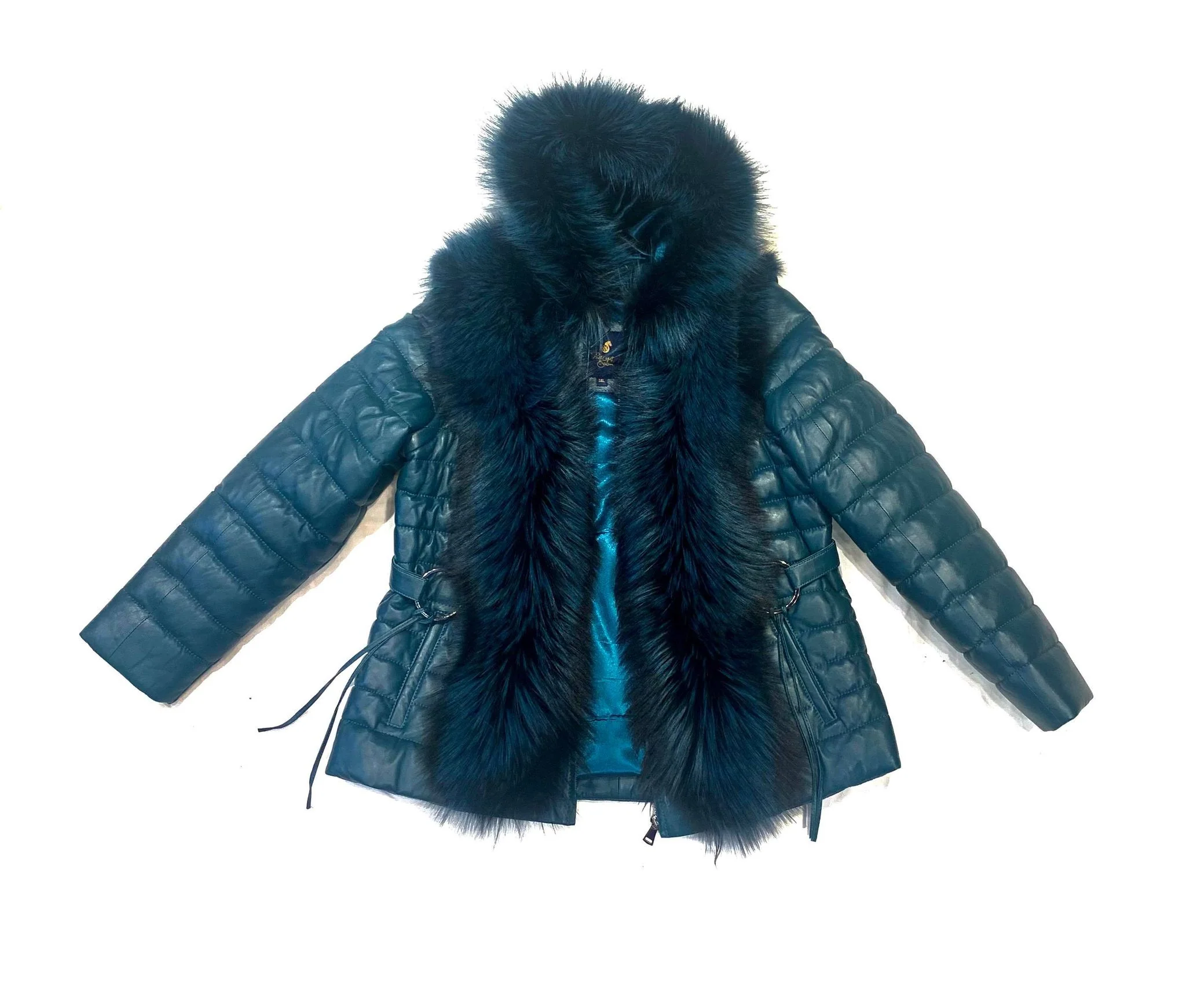 Barya NewYork Women Turquoise Lambskin Fox Fur Coat - Image 7