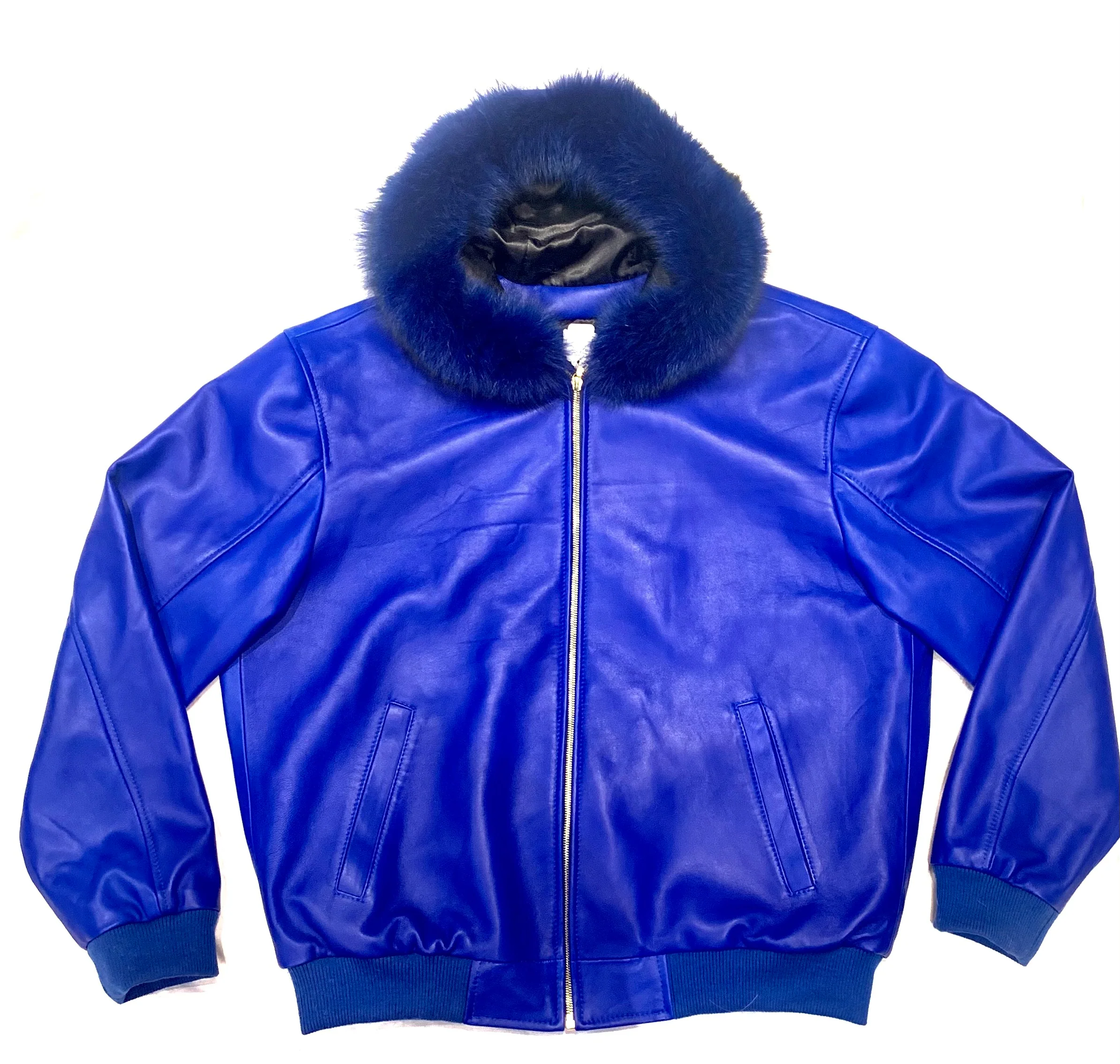 Kashani Royal Blue Lambskin Fox Hooded Bomber Jacket - Image 2