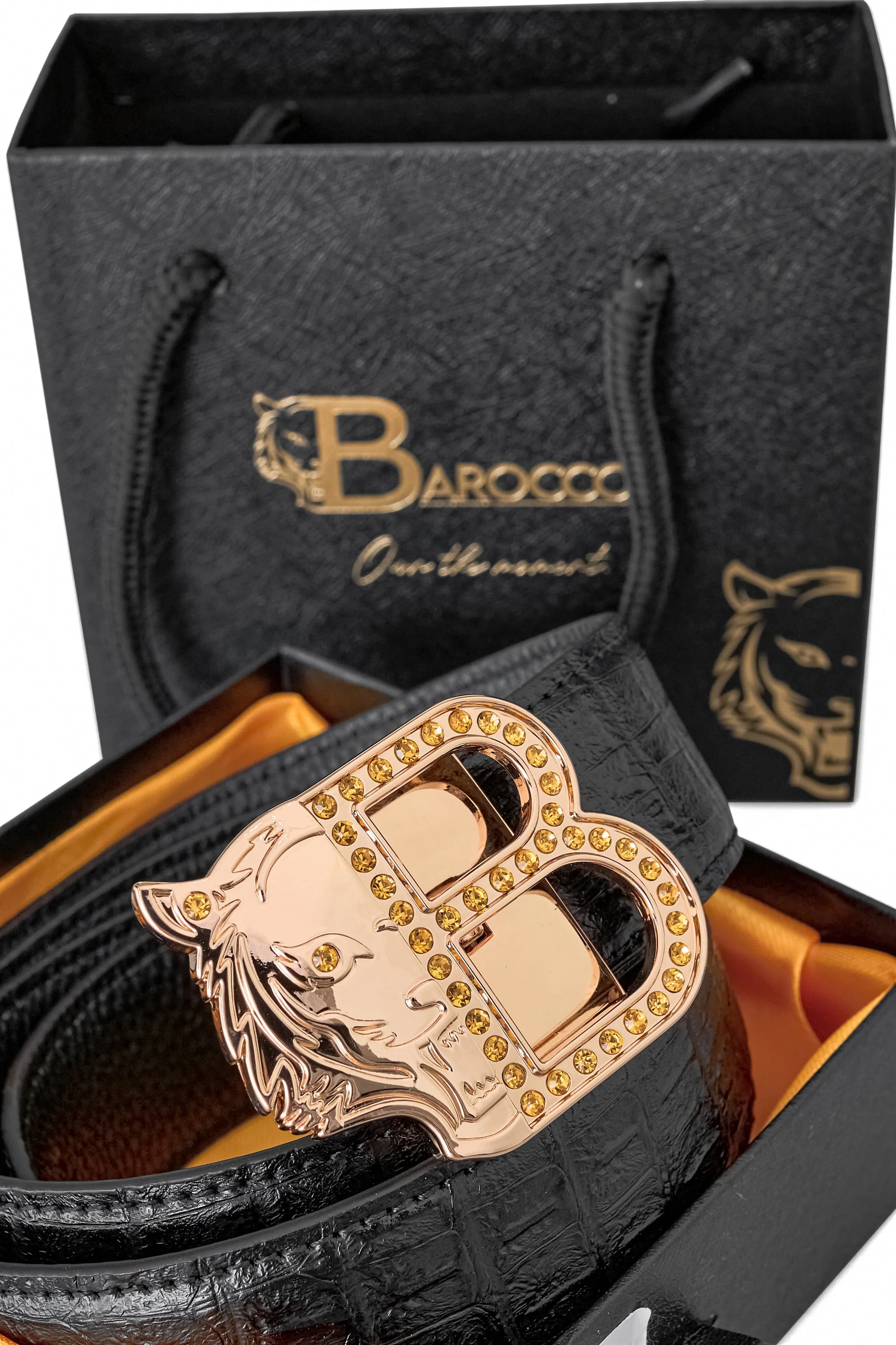 Croc-Embossed Leather Auto BKL Belt – Gold Edition GOLD/BLACK - Image 2