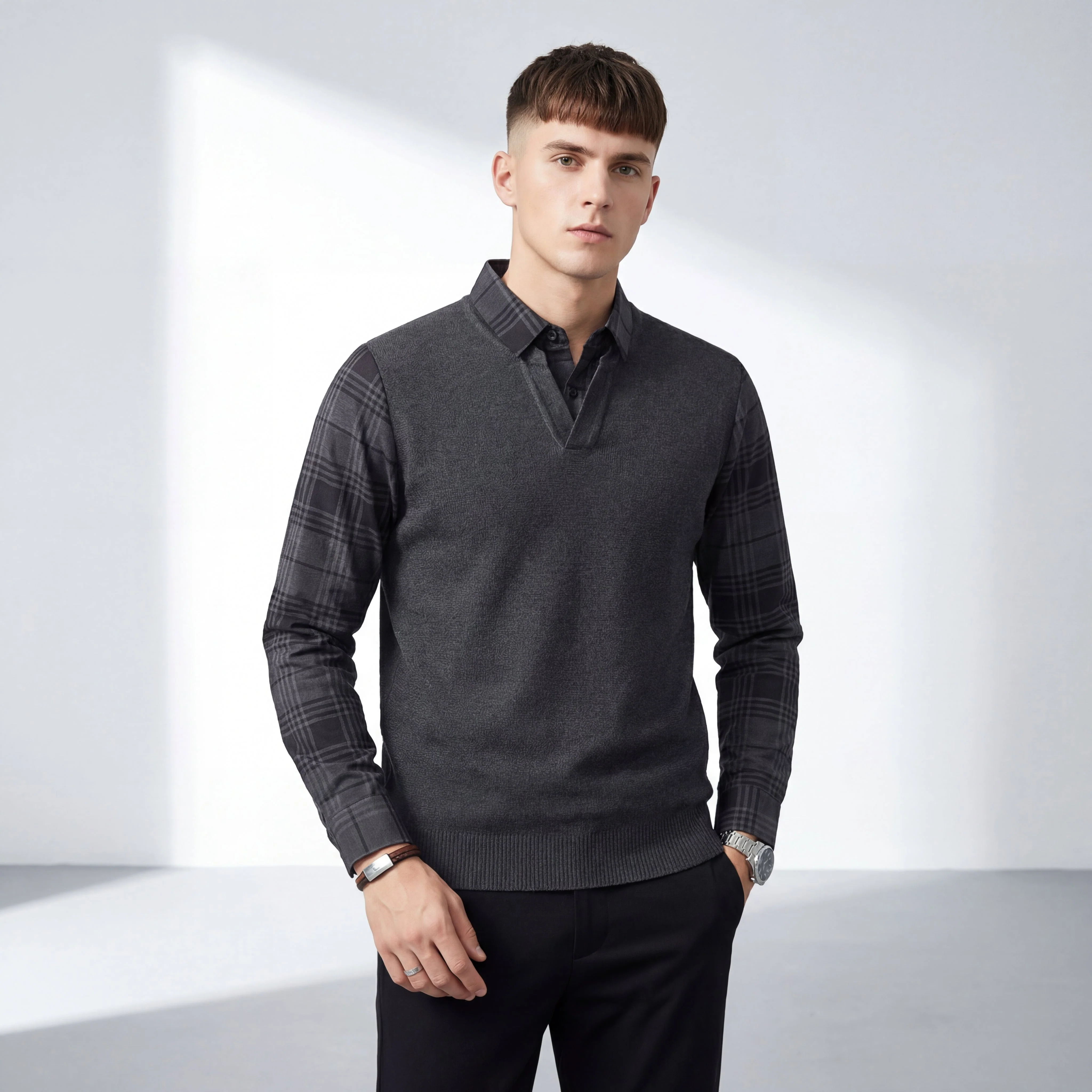 Dual-Layer Knit Fusion LS Sweater Shirt GREY - Image 3