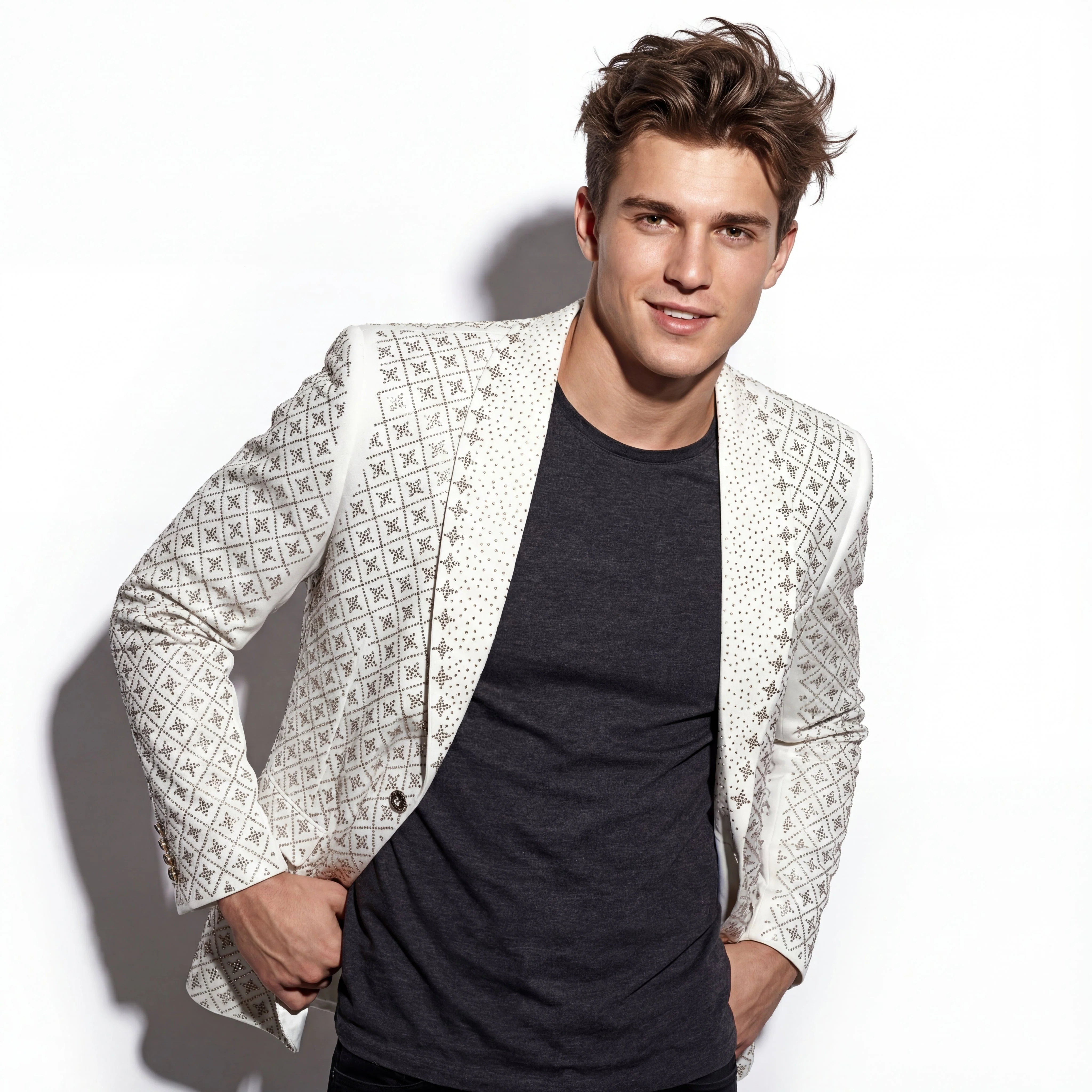 Elegant Blazer with Sparkling Embellishments WHITE/GOLD - Image 2
