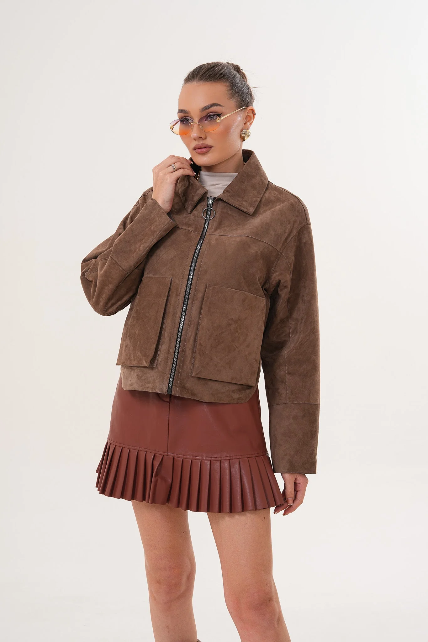 Elvoria Reversible Leather Jacket – Taupe / Suede Brown - Image 15