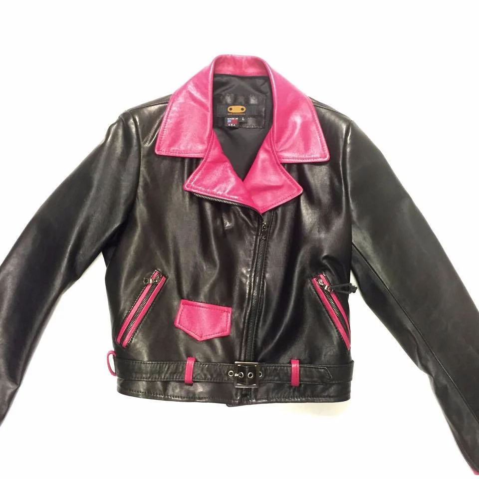 G-Gator Ladies Black & Pink Fox Collar Lambskin Biker Jacket - Image 3