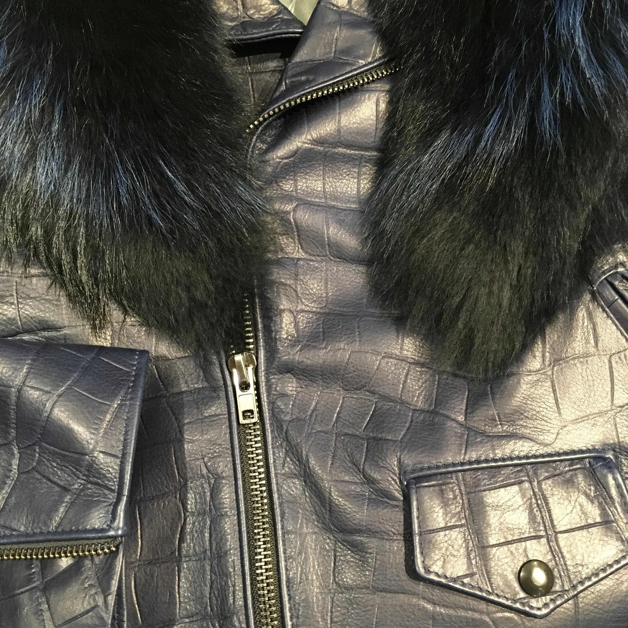 G-Gator Alligator Print Lambskin Moto Jacket w/ Full Fox Collar - Image 2