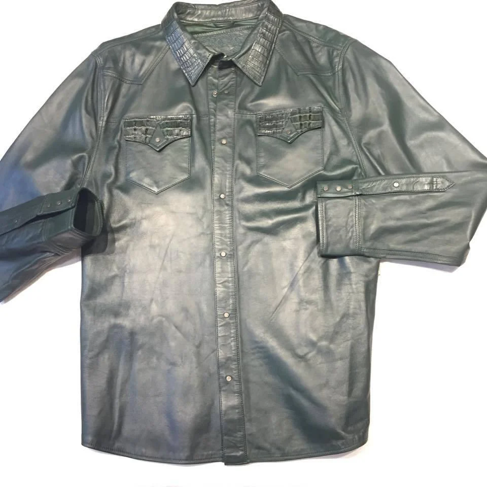 G-Gator Forest Green Gator/Lambskin Button-Up Shirt - Image 4