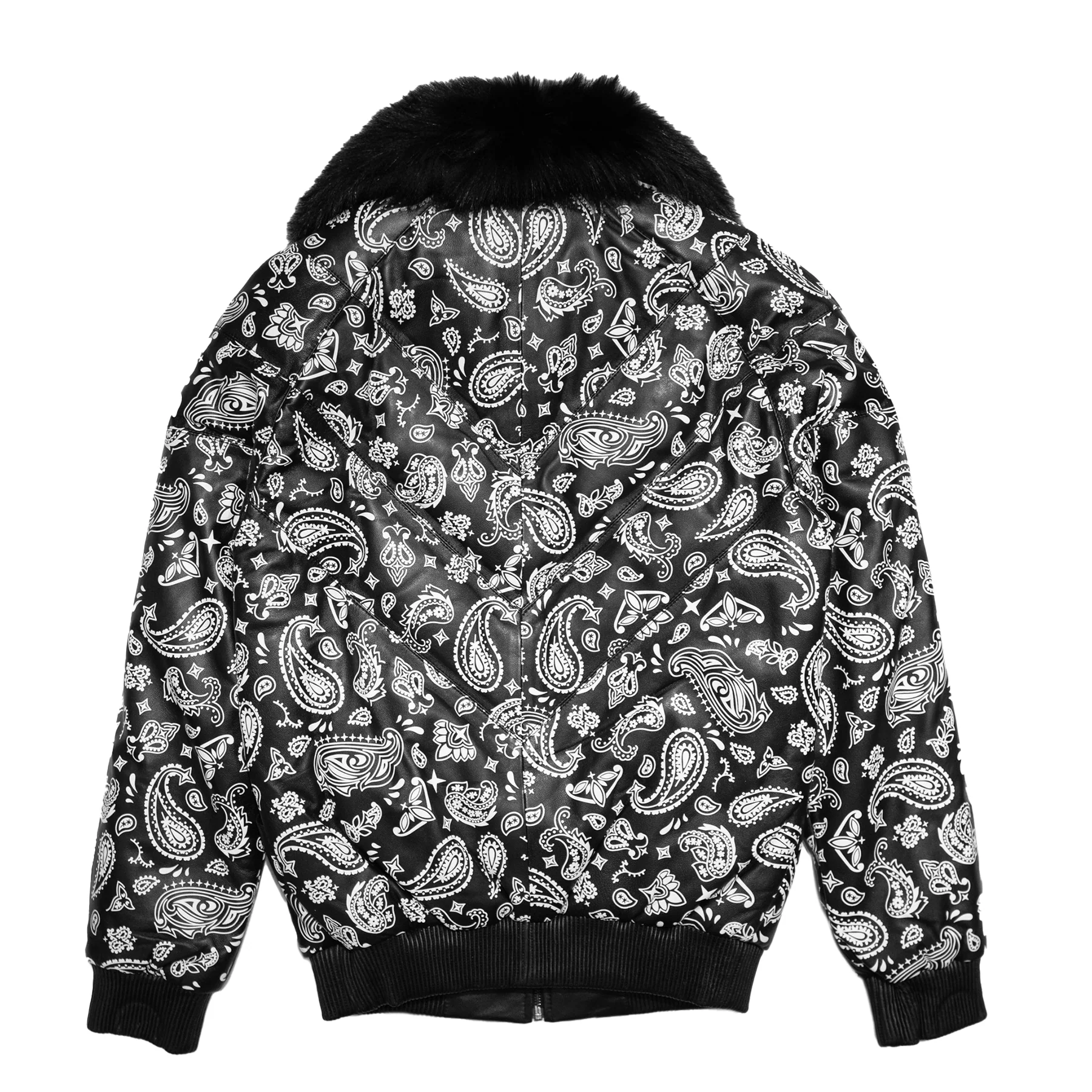 Goose Country Black Paisley Bomber Jacket with Fox Fur Collar - Image 3
