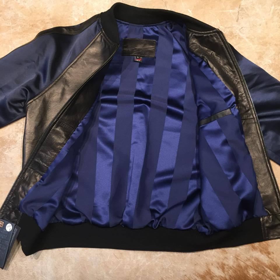 Jakewood Navy Striped Commander Lamb Bomber Jacket - Image 5