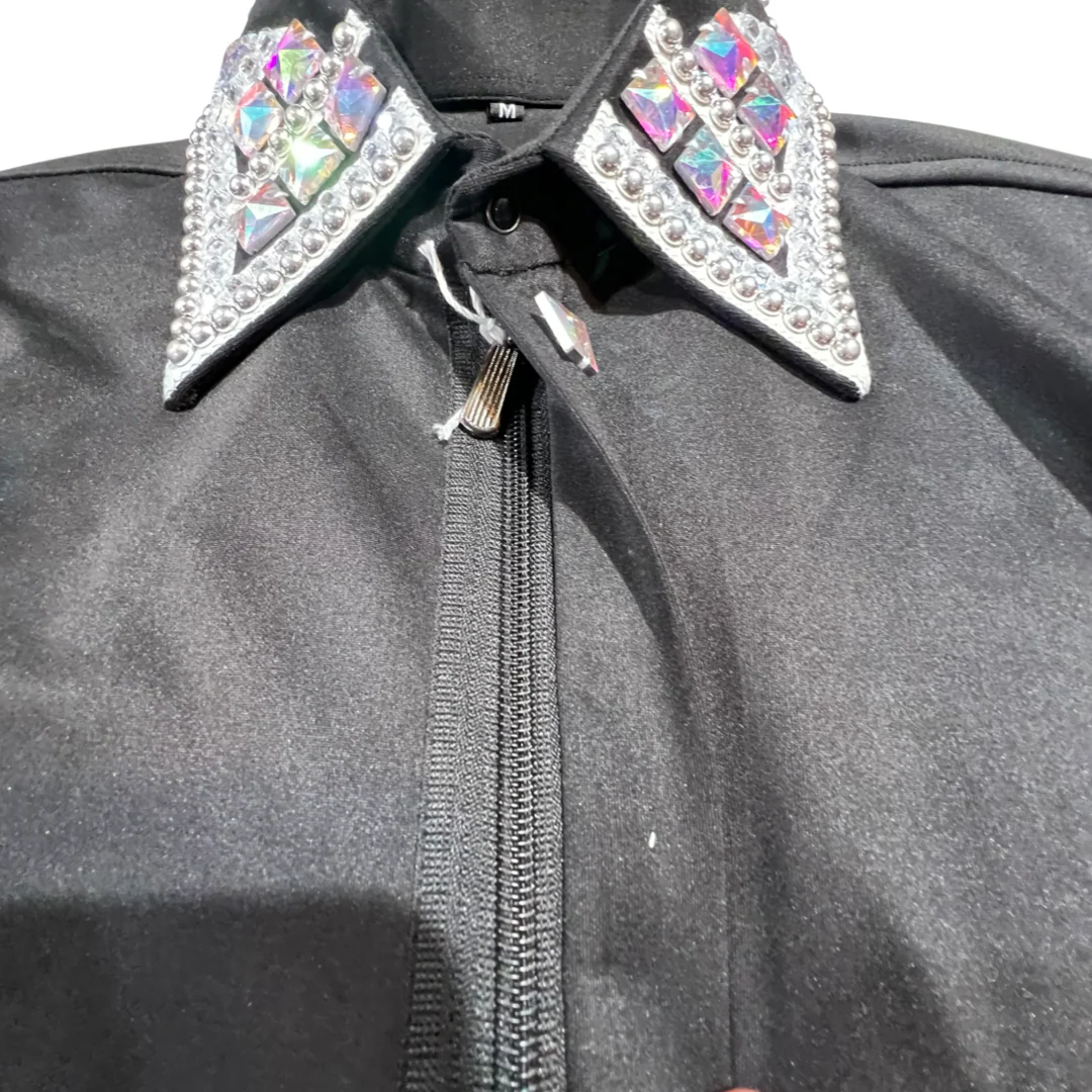 Kashani Black & Silver Royal Hyper Crystal Button-Up Zip Shirt - Image 7