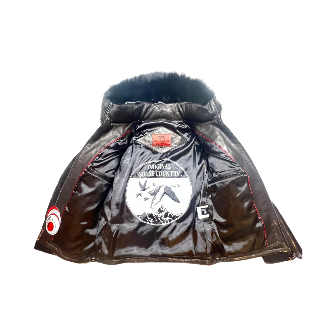 Goose Country Black Suede Fox Fur Hooded Lambskin Puffer Jacket - Image 3