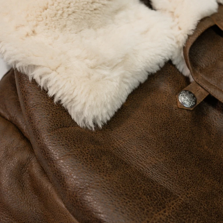 Kashani Brown Double Breasted Patch Pocket 3/4 Shearling Coat - Image 4